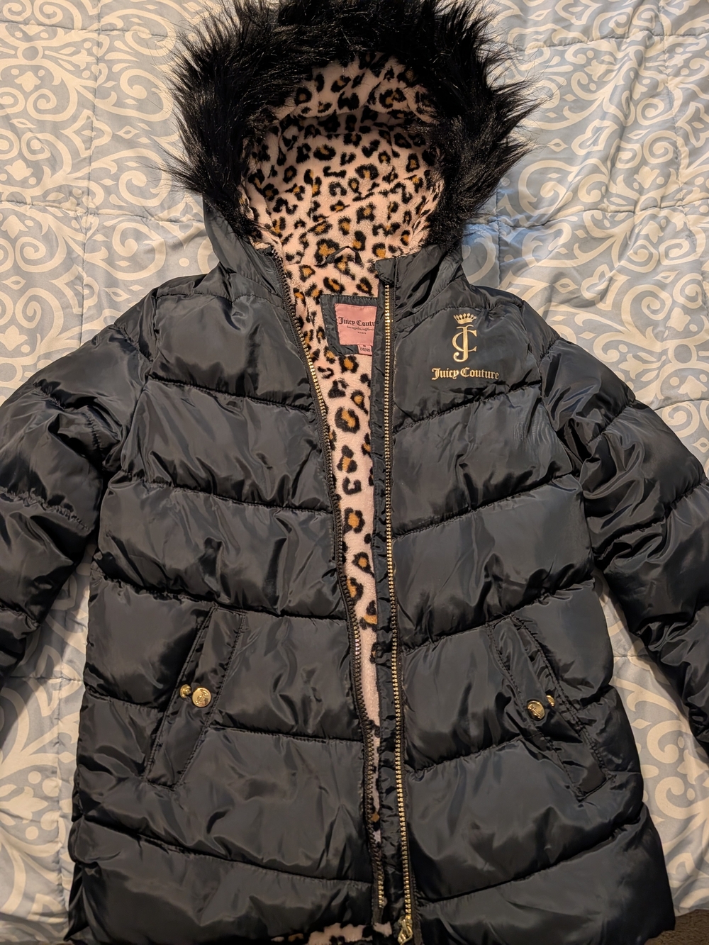 Juicy Couture Girls' Black Puffer Jacket with Leopard Hood Lining